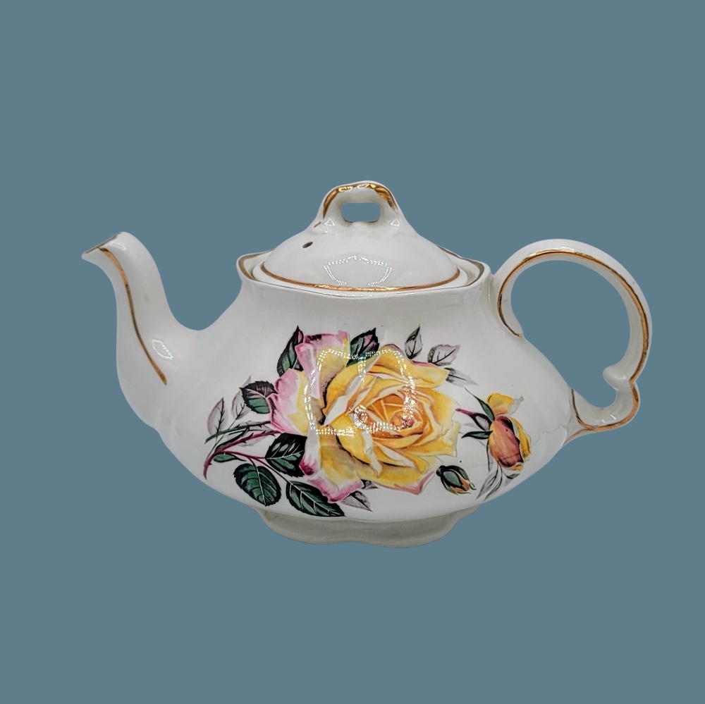 Vintage Ellgreave Wood & Sons Ironstone Teapot Roses England 1960s Small Floral